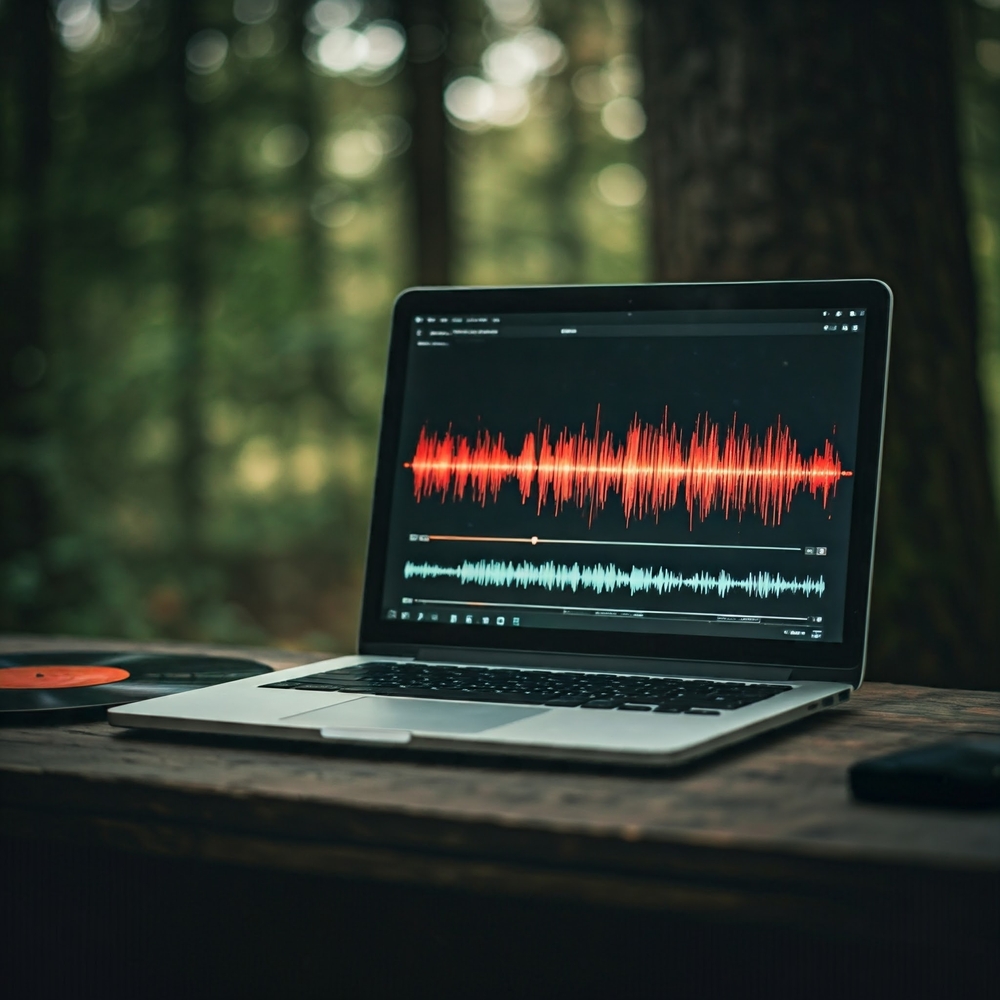 A,Laptop,With,Audio,Editing,Software,Open,,Resting,On,A